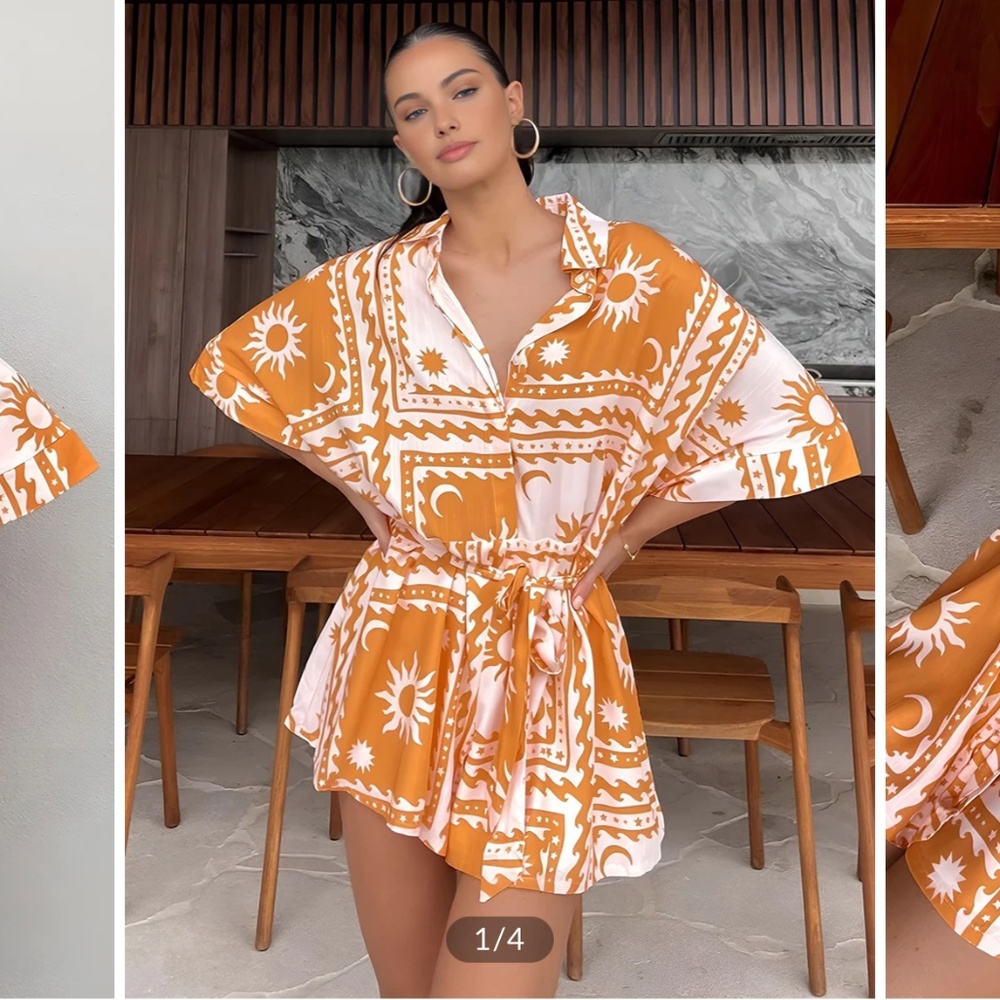 Boho Sun & Moon Pattern Short Jumpsuit Orange
